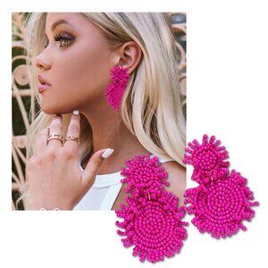 Fuchsia Pink Seed Beaded Round Statement Earrings NEW